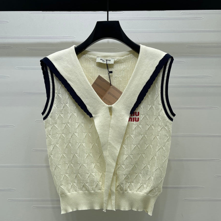 Miumiu 2026 Cable-knit Sleeveless Sweater Vest Cream Cotton