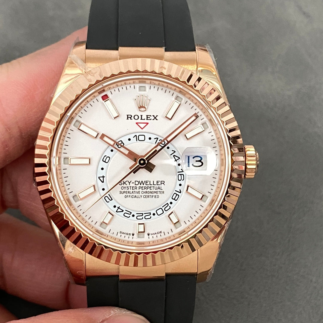 Rolex Sky-Dweller 42mm Rose Gold Case White Dial Rubber Strap