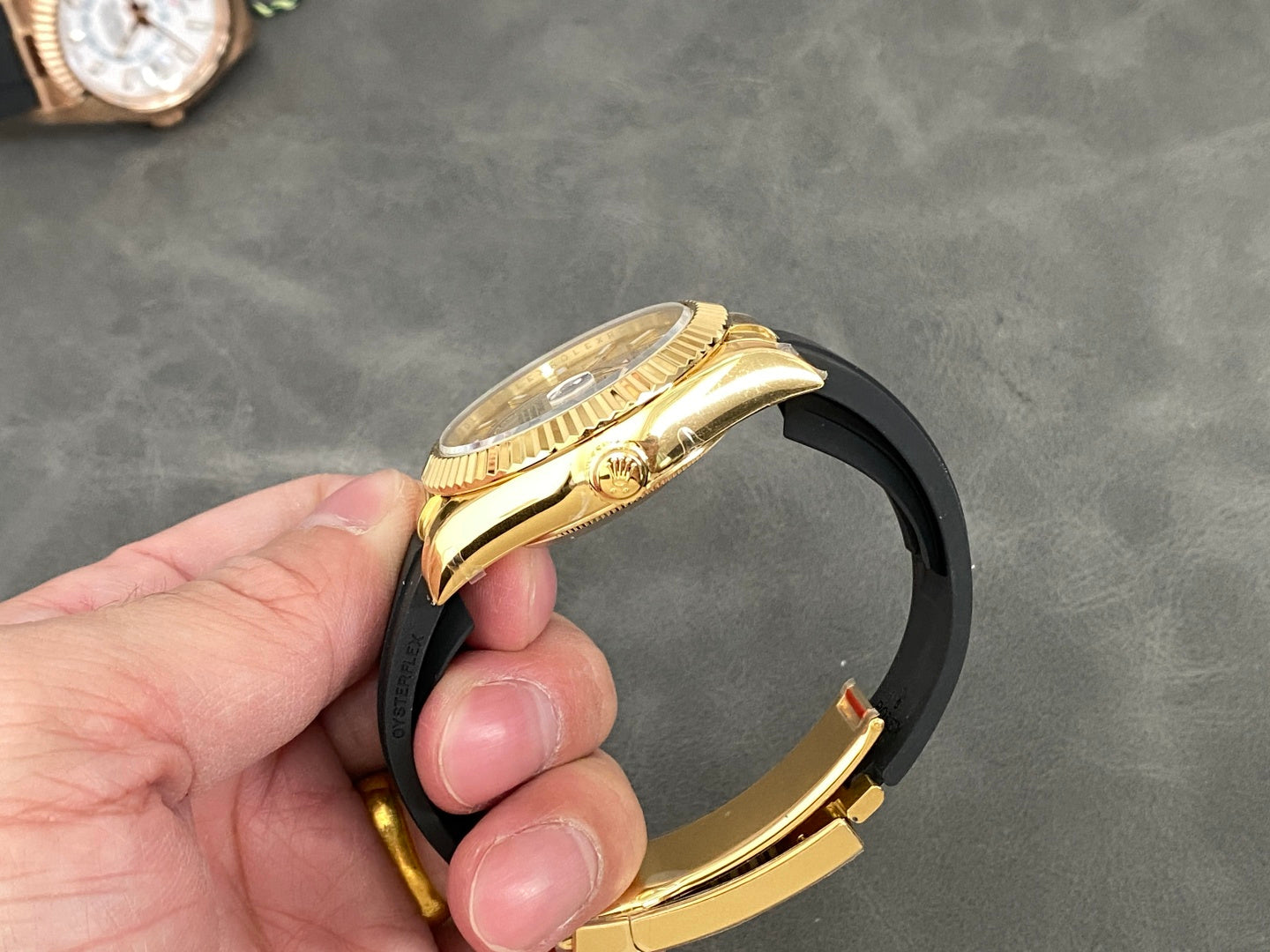 Rolex Sky-Dweller 42mm Gold Case Gold Dial Rubber Strap