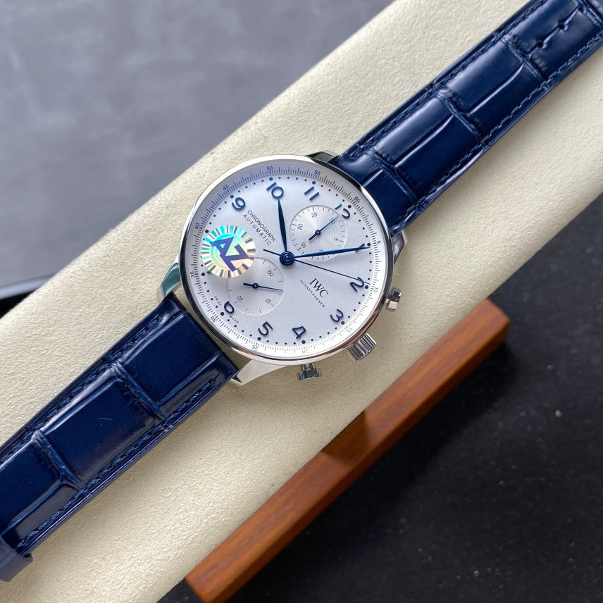 IWC Portuguese 41mm White Dial Steel Case Navy Blue Crocodile Leather