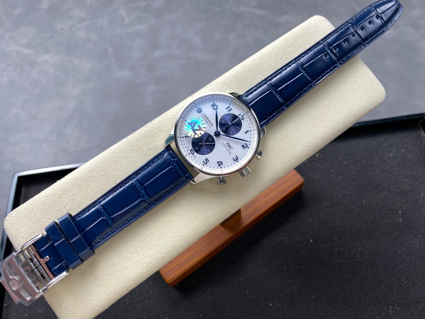 IWC Portuguese 41mm White Blue Dial Steel Case Navy Blue Crocodile Leather