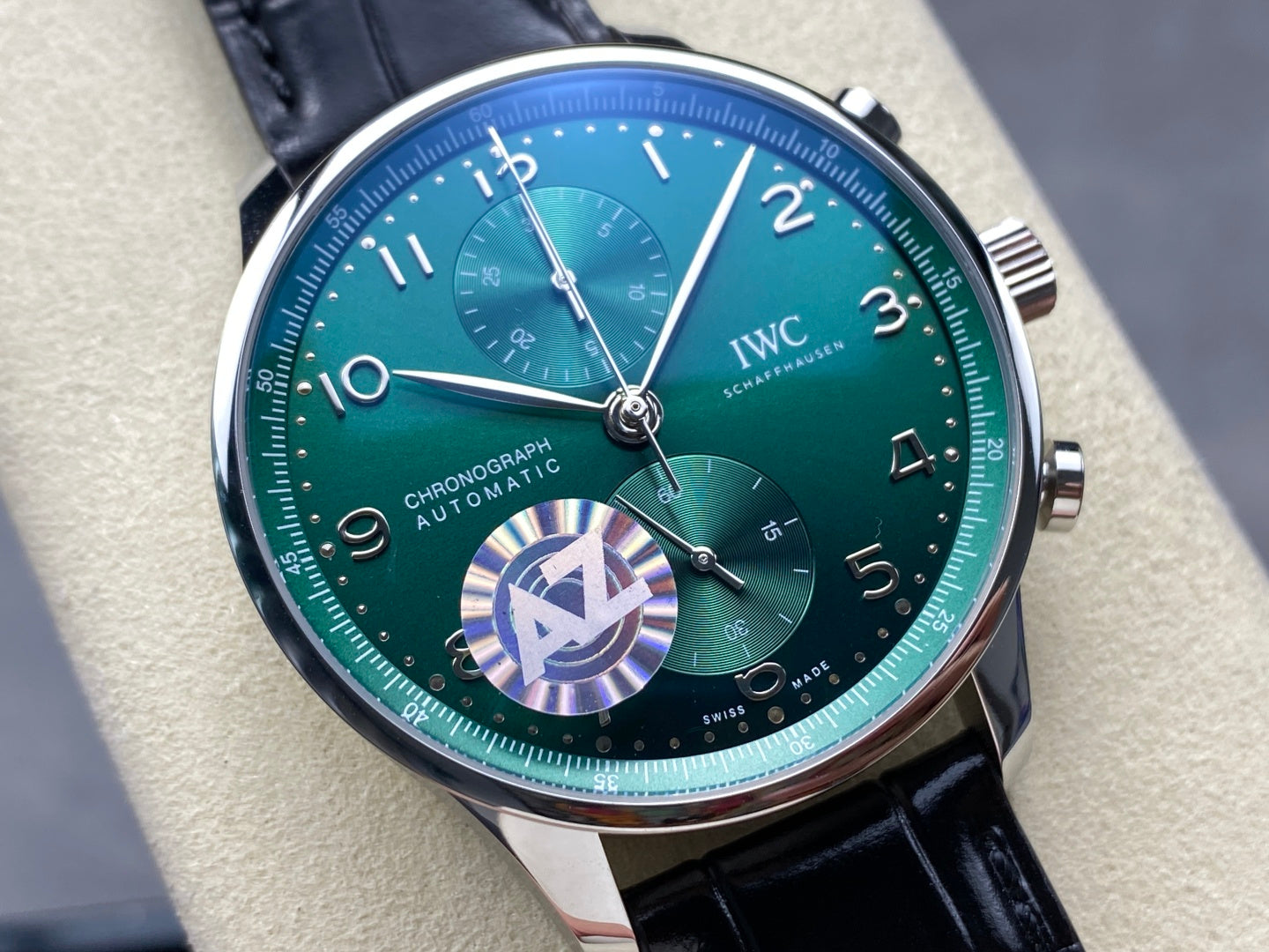 IWC Portuguese 41mm Green Dial Steel Case Black Leather
