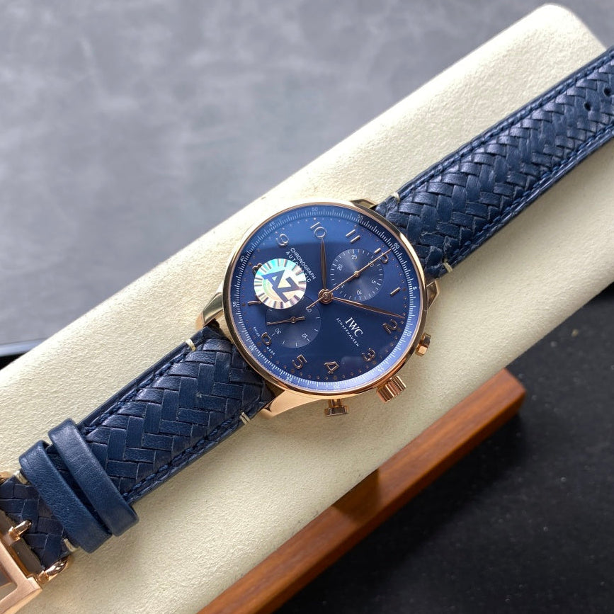 IWC Portuguese 41mm Blue Dial Pink Gold Case Leather Strap