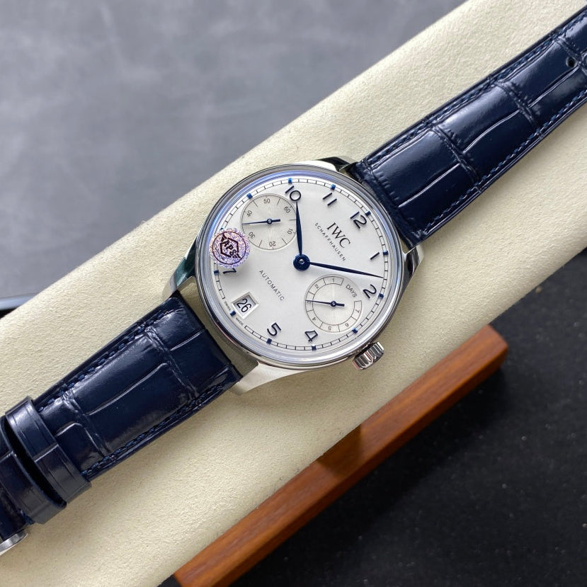 IWC Portuguese 42.4mm Cream Dial Steel Case Navy Blue Crocodile Leather Strap