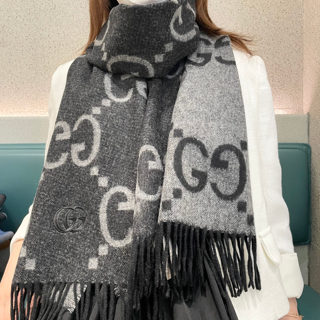 GG Houndstooth Scarf 180CM Black Cashmere 288178