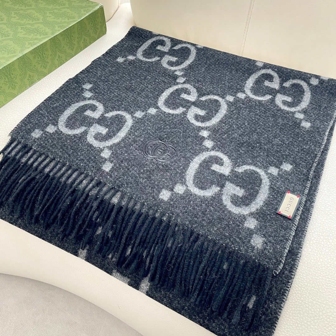 GG Houndstooth Scarf 180CM Black Cashmere 288178