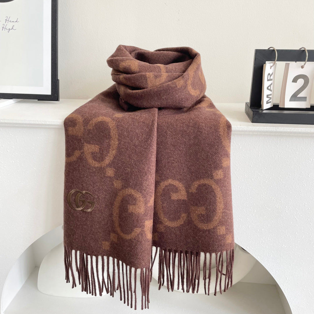 GG Houndstooth Scarf 180CM Brown Cashmere 288179