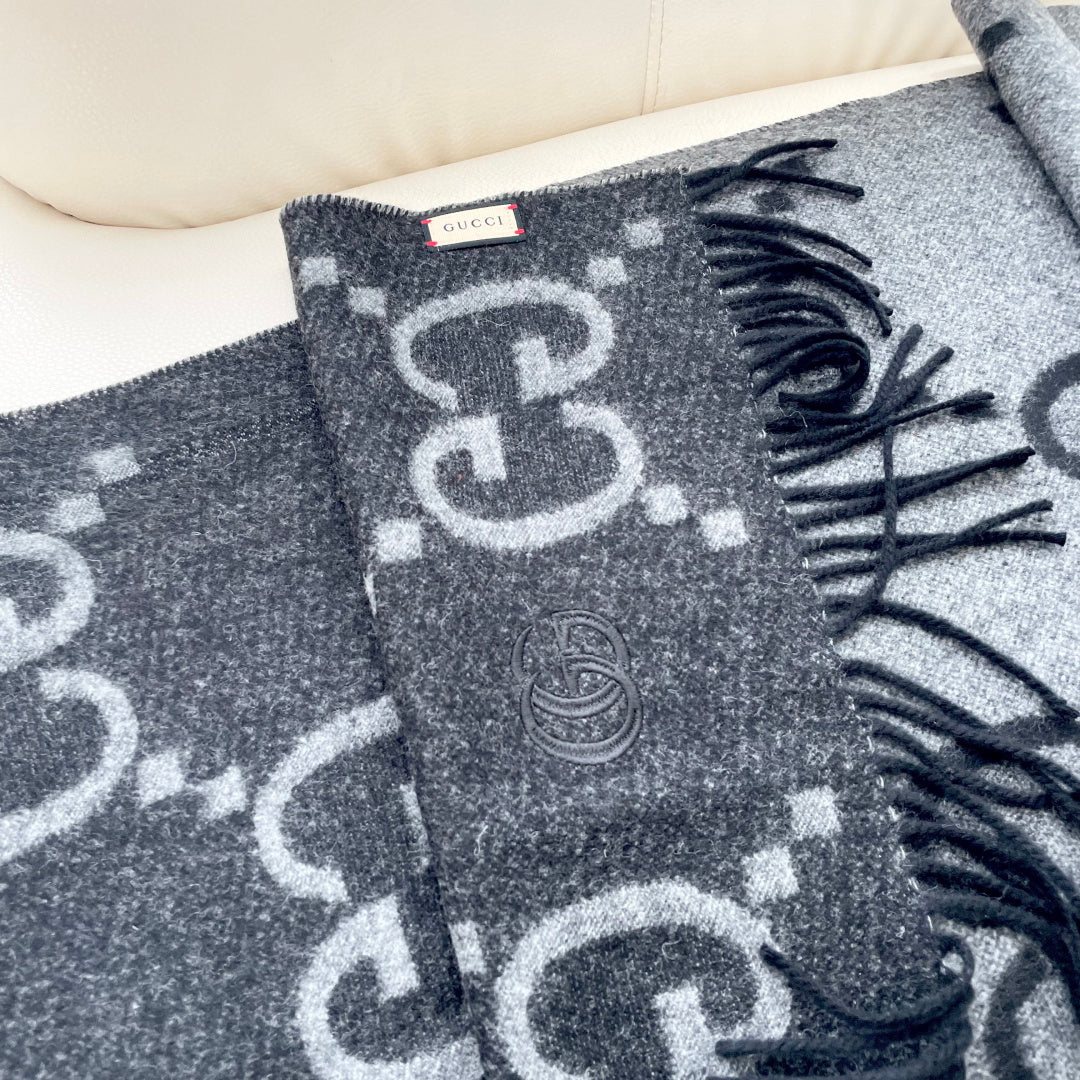 GG Houndstooth Scarf 180CM Black Cashmere 288178