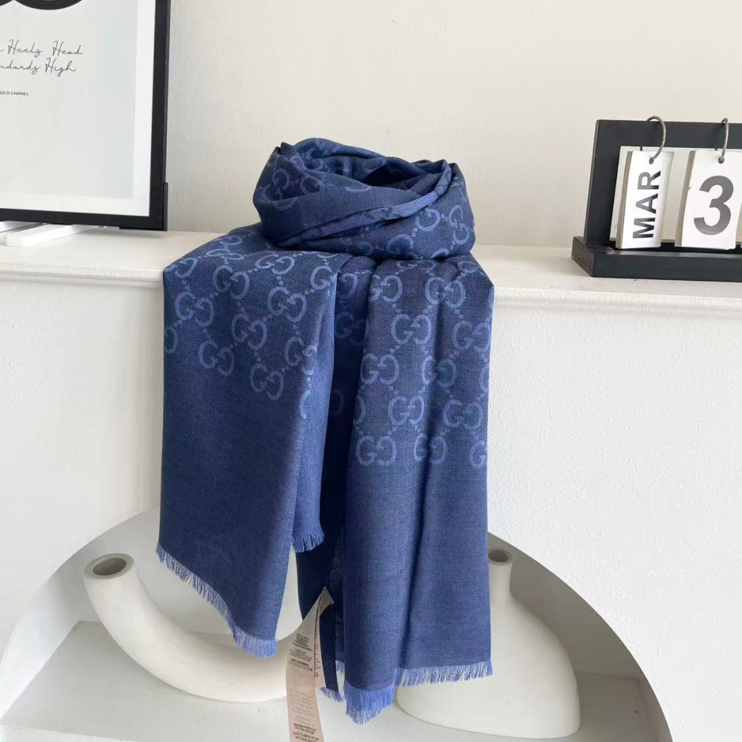 GG Houndstooth Scarf 180CM Blue Cashmere 288128