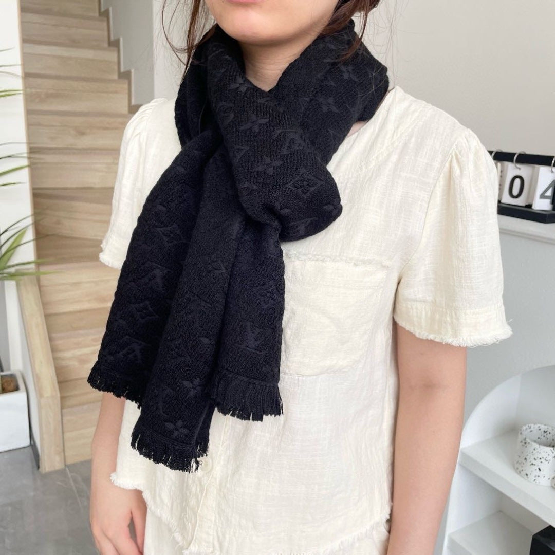 LV Men Scarf 180cm Black Wool 967168