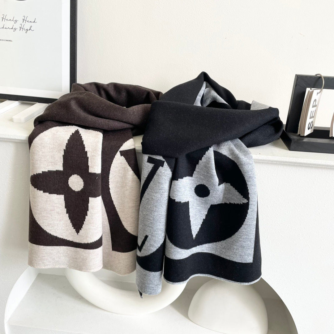 LV Exclusive Scarf 180cm Black White Cashmere 968498