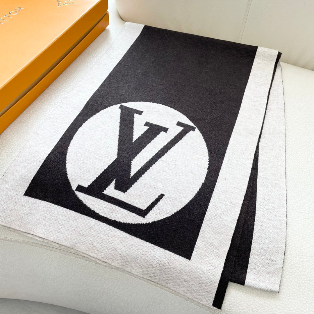 LV Exclusive Scarf 180cm Black White Cashmere 968498