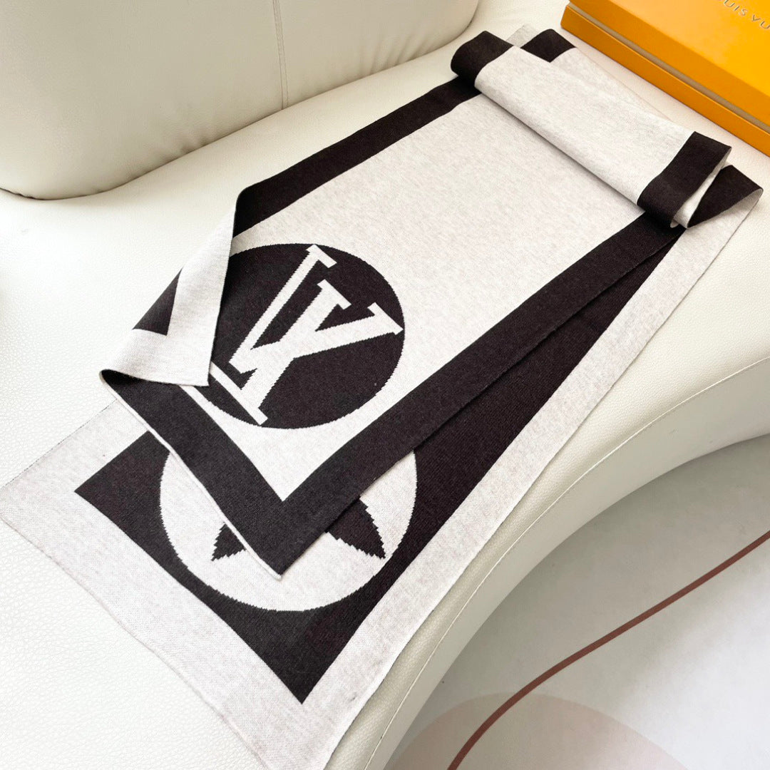 LV Exclusive Scarf 180cm Black White Cashmere 968498