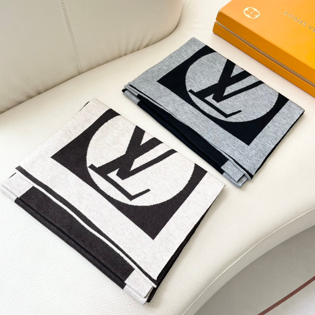LV Exclusive Scarf 180cm Black White Cashmere 968498