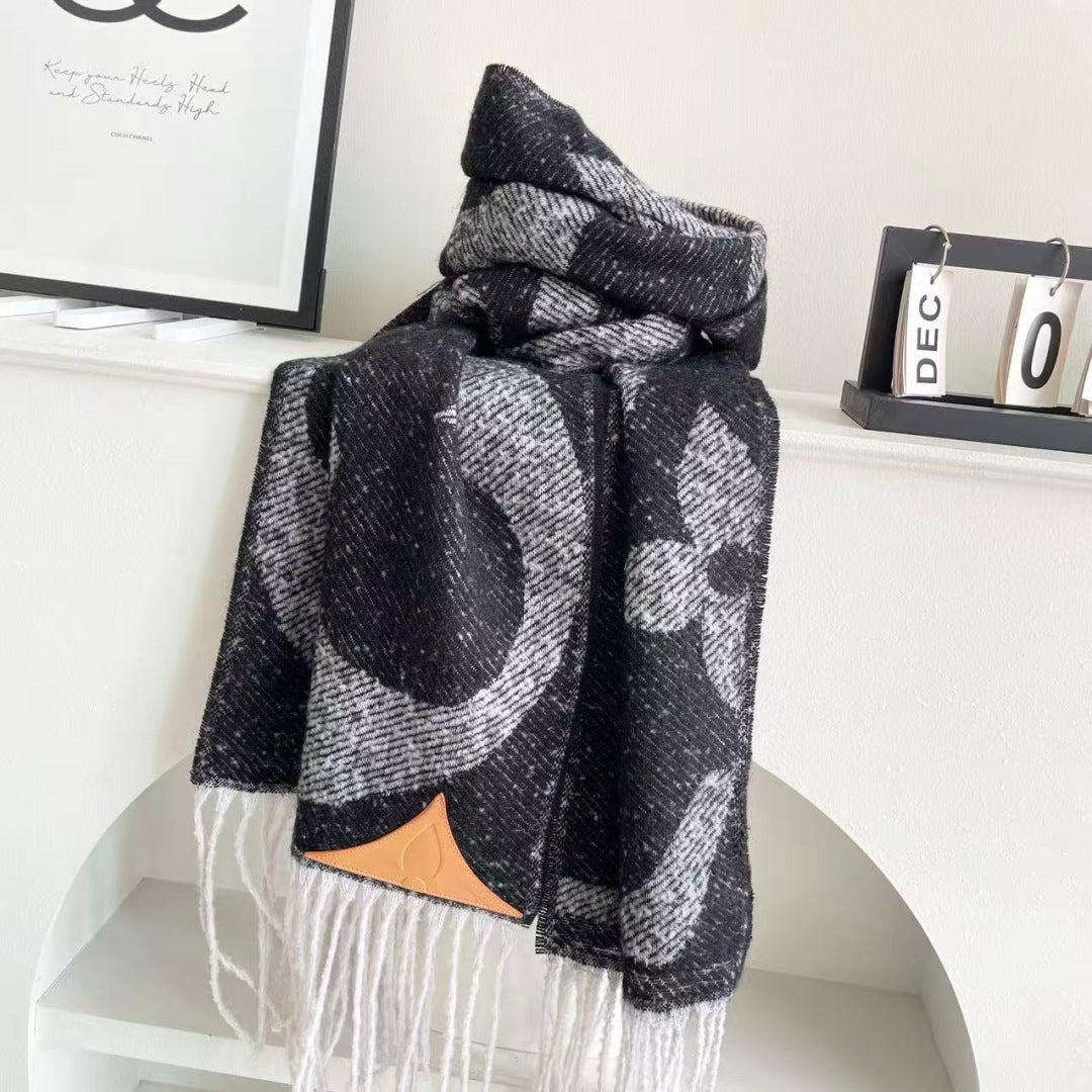 LV Scarf 190cm Black Gray Wool 968486
