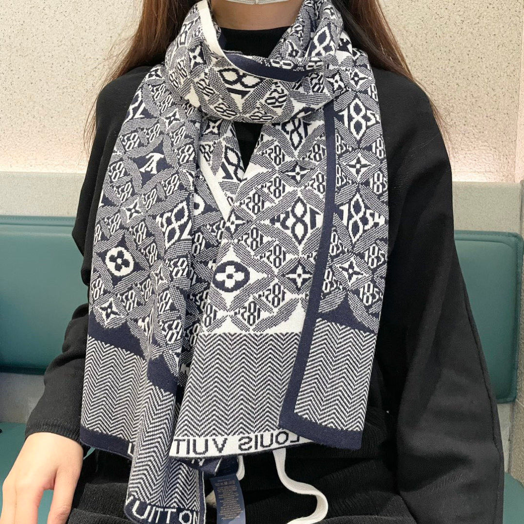 LV Couple's Style Scarf 180cm Navy Blue White Cashmere 969313