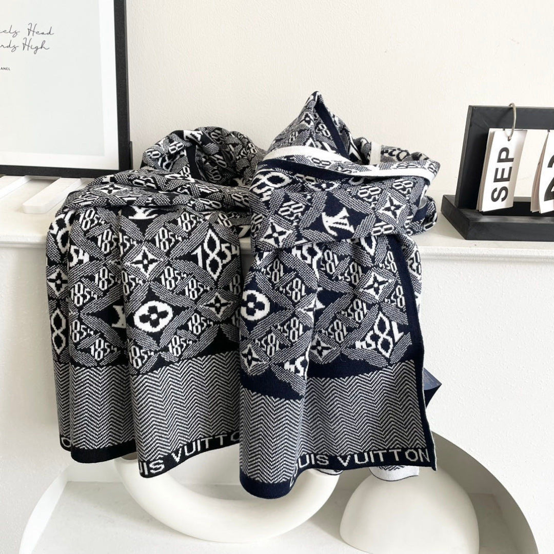 LV Couple's Style Scarf 180cm Navy Blue White Cashmere 969313