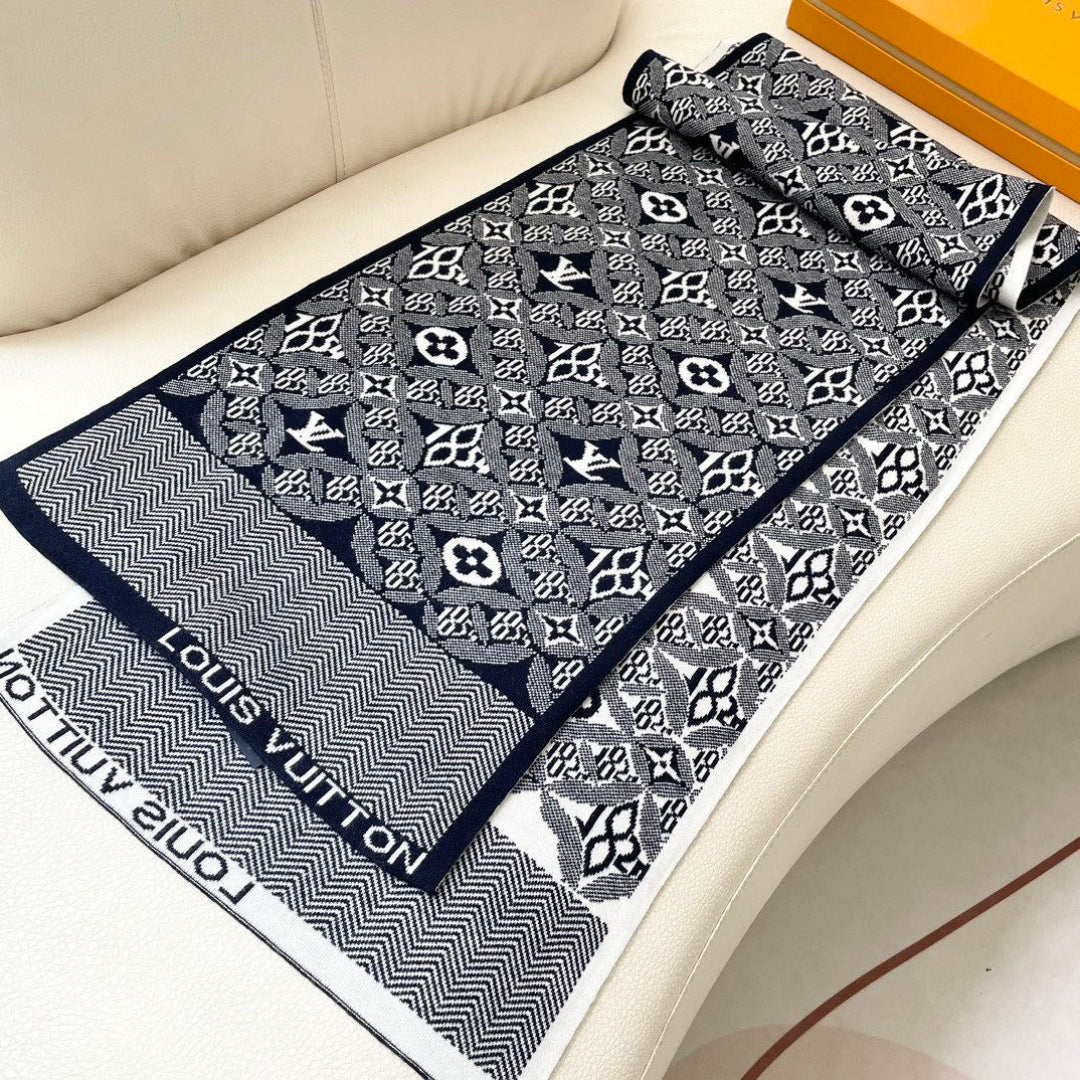 LV Couple's Style Scarf 180cm Navy Blue White Cashmere 969313