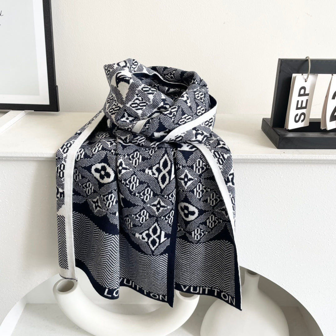 LV Couple's Style Scarf 180cm Navy Blue White Cashmere 969313