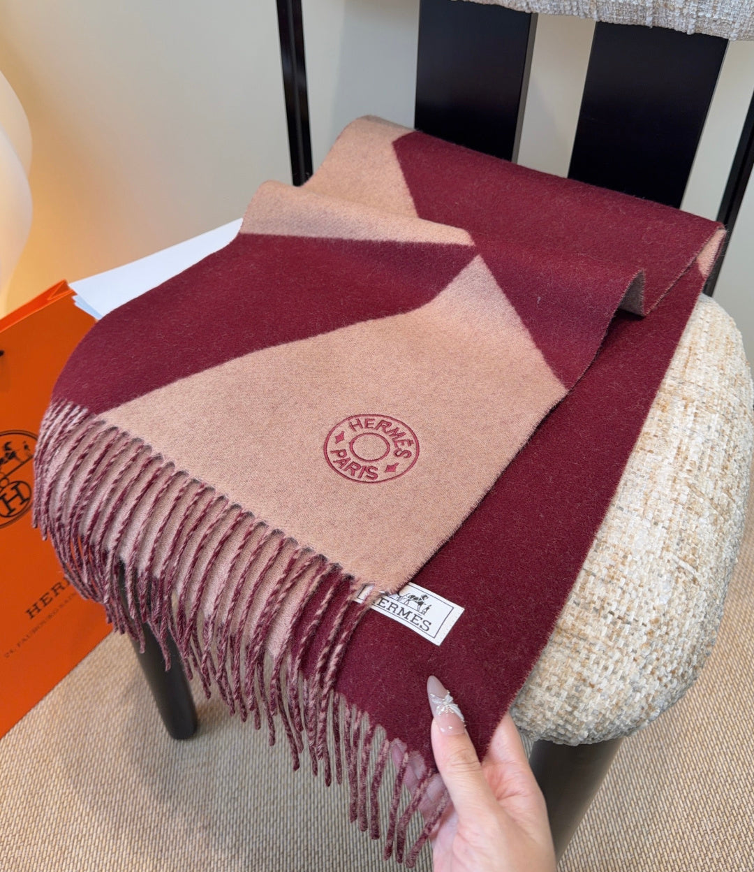 HM Scarf 190 CM Red Beige Wool 969499