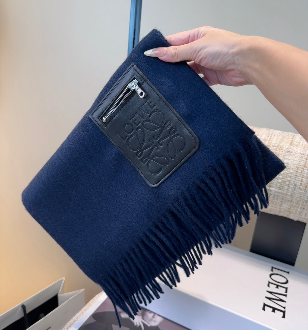 Loewe Scarf 180CM Dark Blue  Mix Black Wool-blend Leather 969503