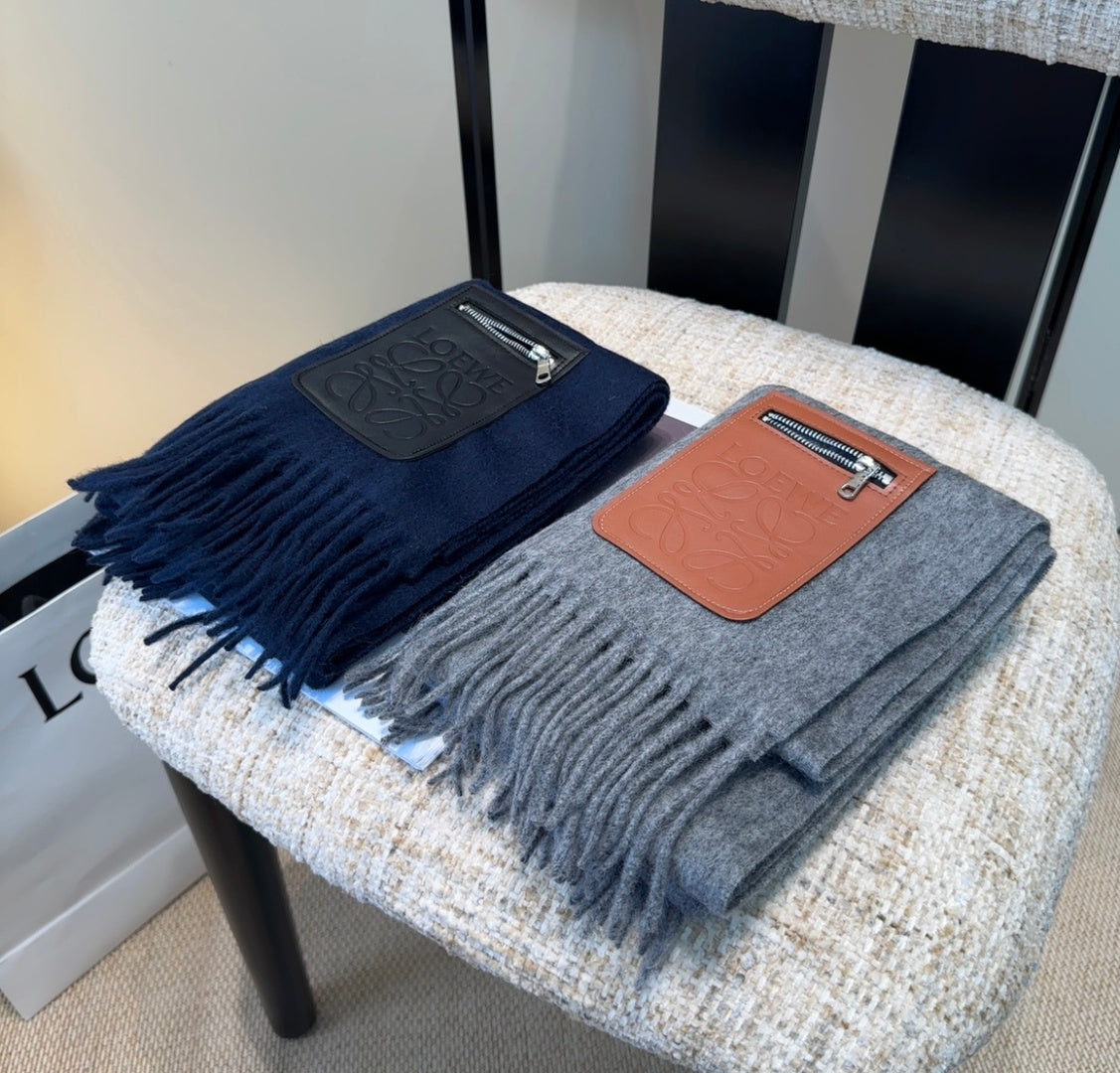 Loewe Scarf 180CM Dark Blue  Mix Black Wool-blend Leather 969503