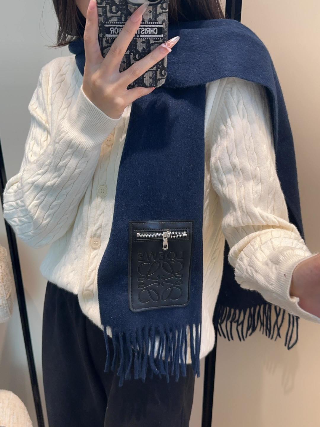 Loewe Scarf 180CM Dark Blue  Mix Black Wool-blend Leather 969503