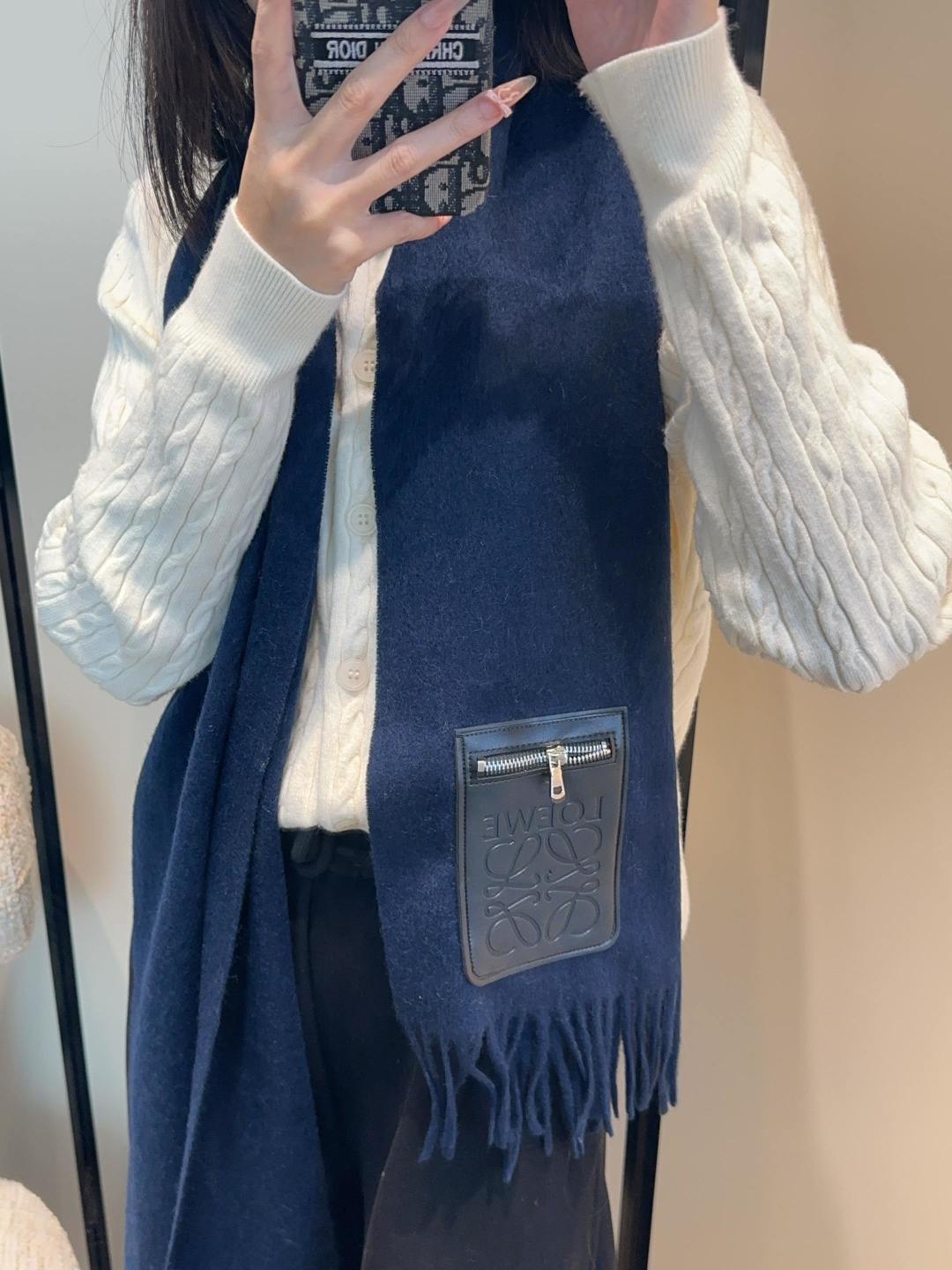 Loewe Scarf 180CM Dark Blue  Mix Black Wool-blend Leather 969503