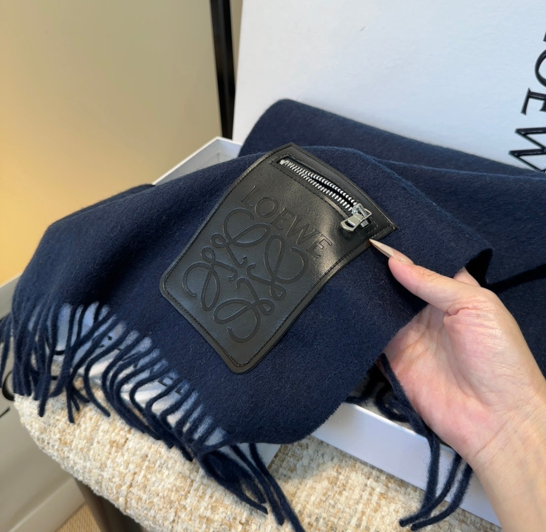 Loewe Scarf 180CM Dark Blue  Mix Black Wool-blend Leather 969503