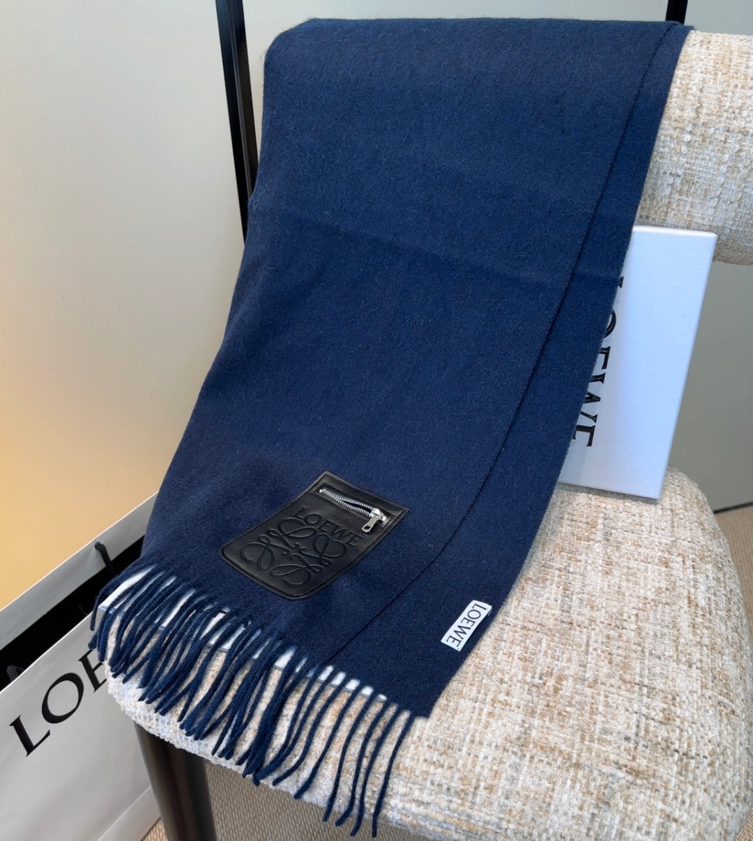 Loewe Scarf 180CM Dark Blue  Mix Black Wool-blend Leather 969503
