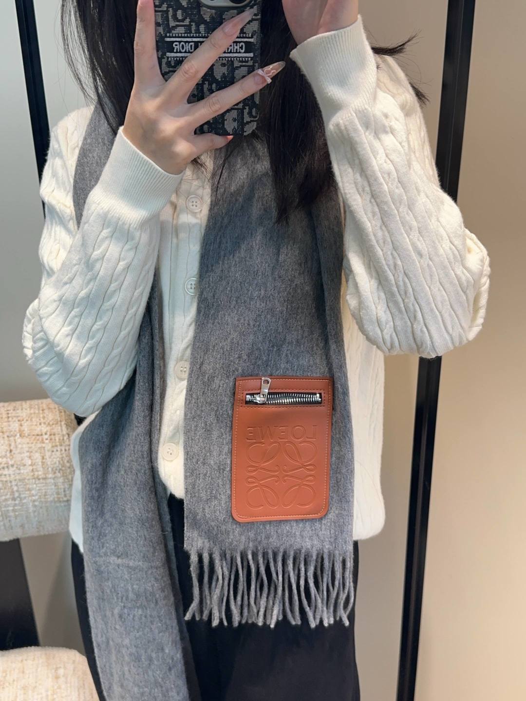 Loewe Scarf 180CM Gray Mix Camel Wool-blend Leather 969504