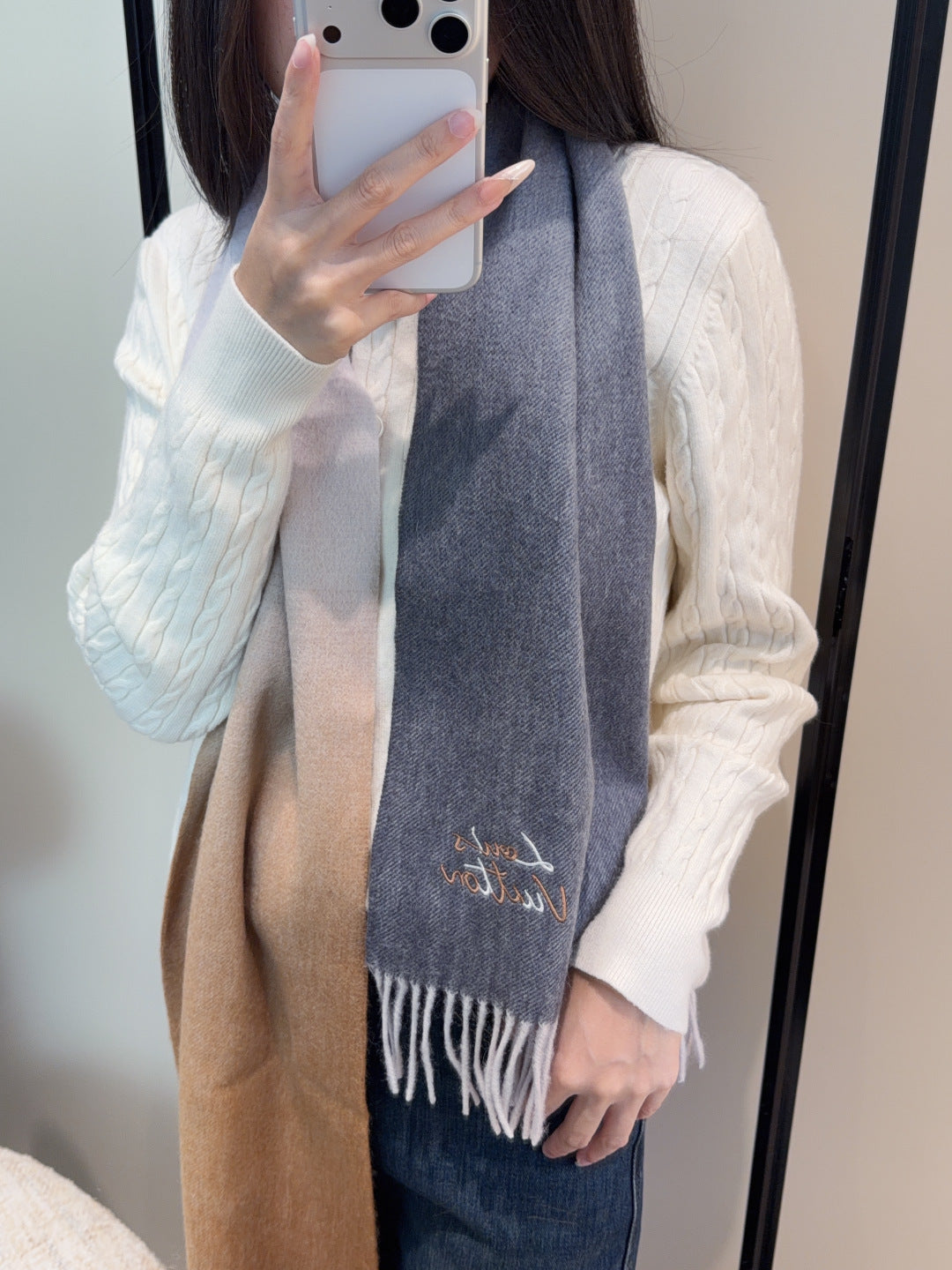 LV Scarf 185cm Gray Wool Cashmere 976980