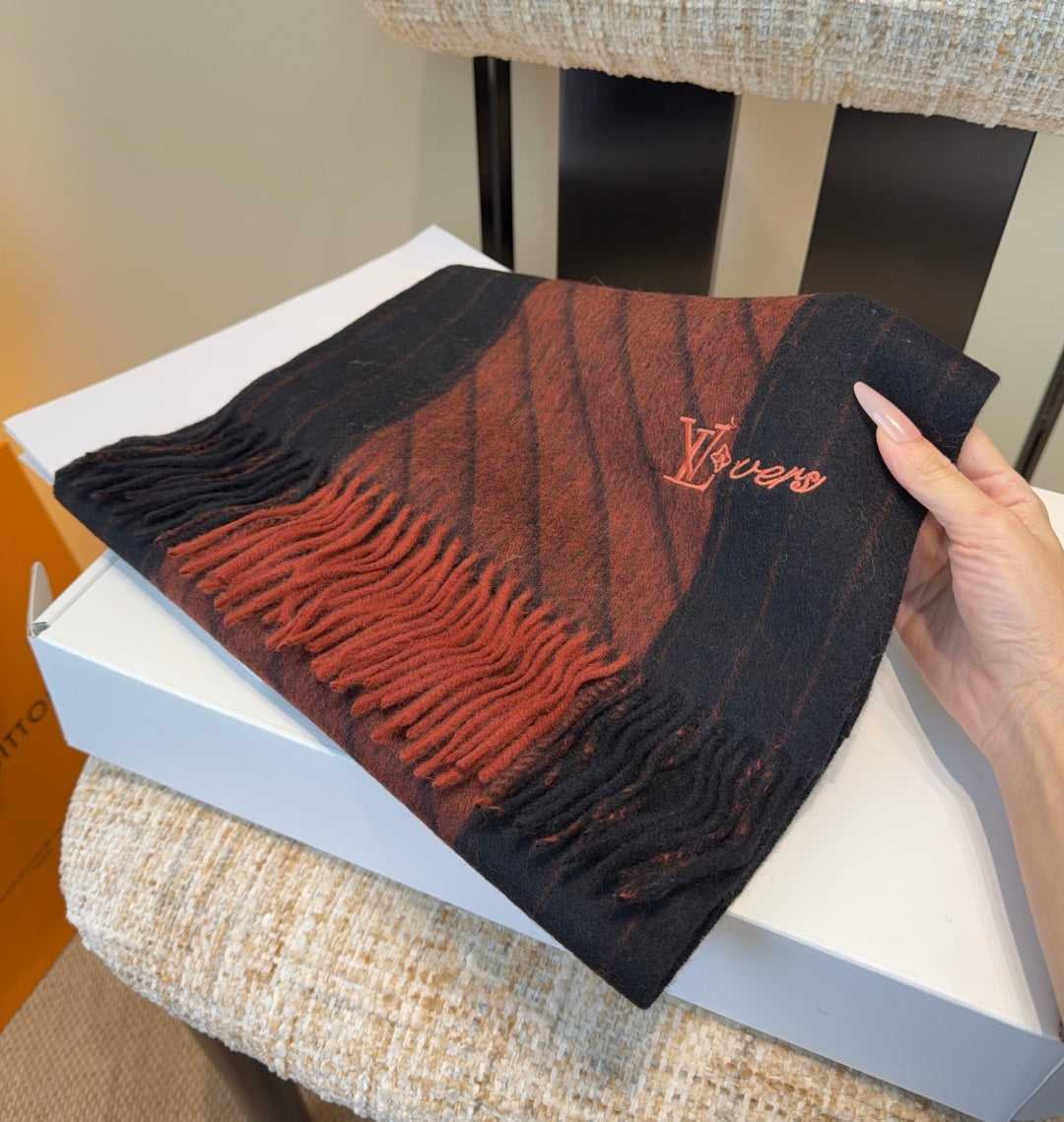 LV Scarf 180cm Black Deep Red Wool Cashmere 977014