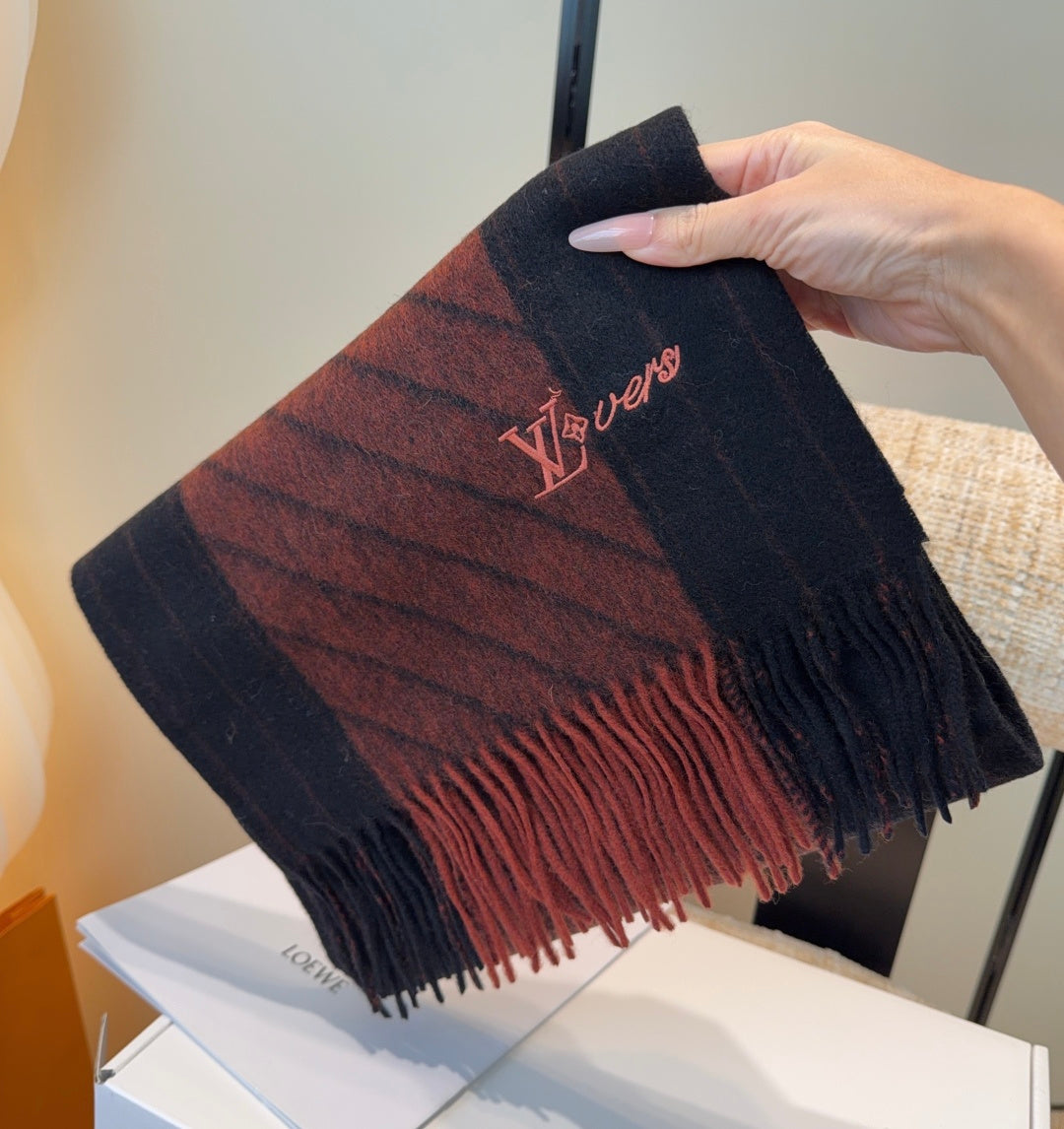LV Scarf 180cm Black Deep Red Wool Cashmere 977014