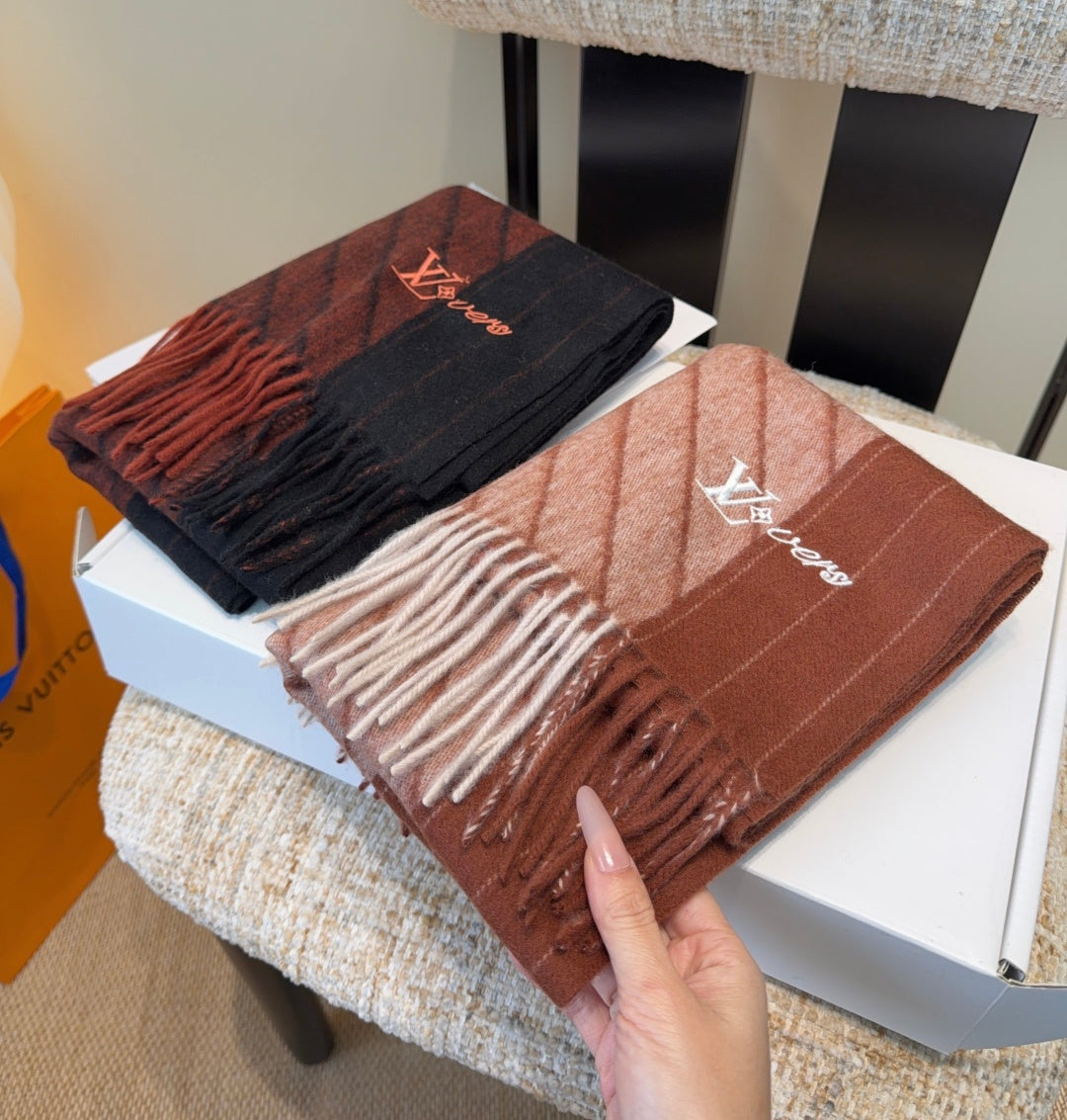 LV Scarf 180cm Black Deep Red Wool Cashmere 977014