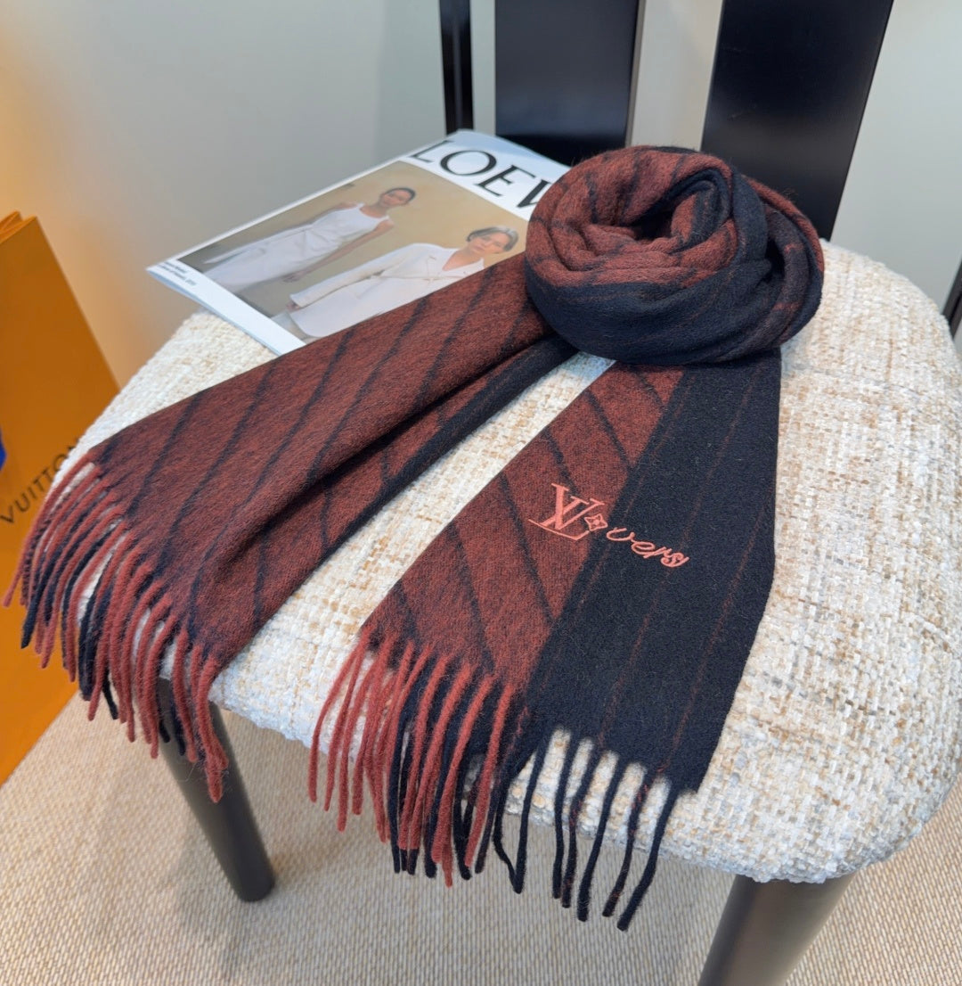 LV Scarf 180cm Black Deep Red Wool Cashmere 977014