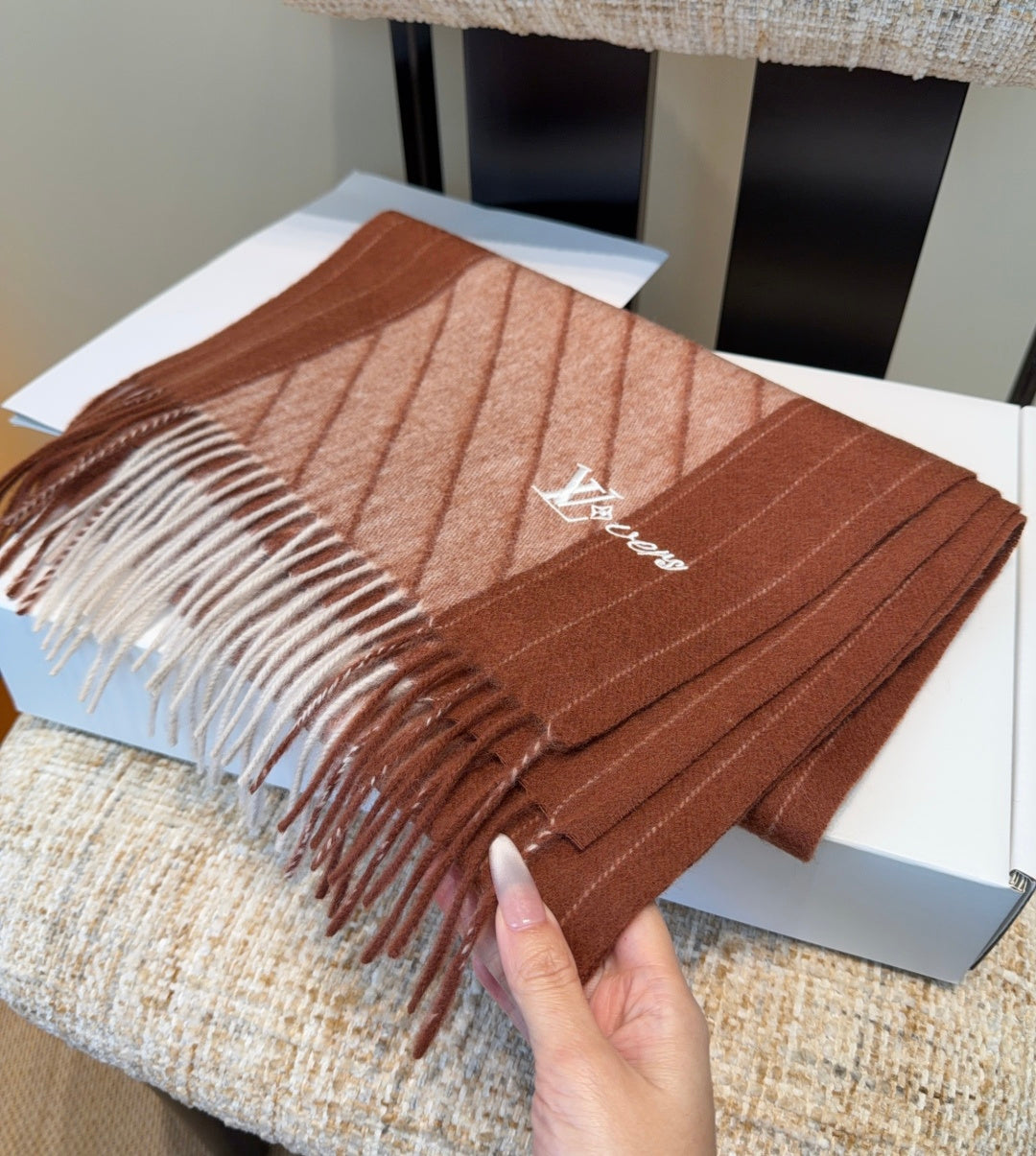 LV Scarf 180cm Brown Beige Wool Cashmere 977015