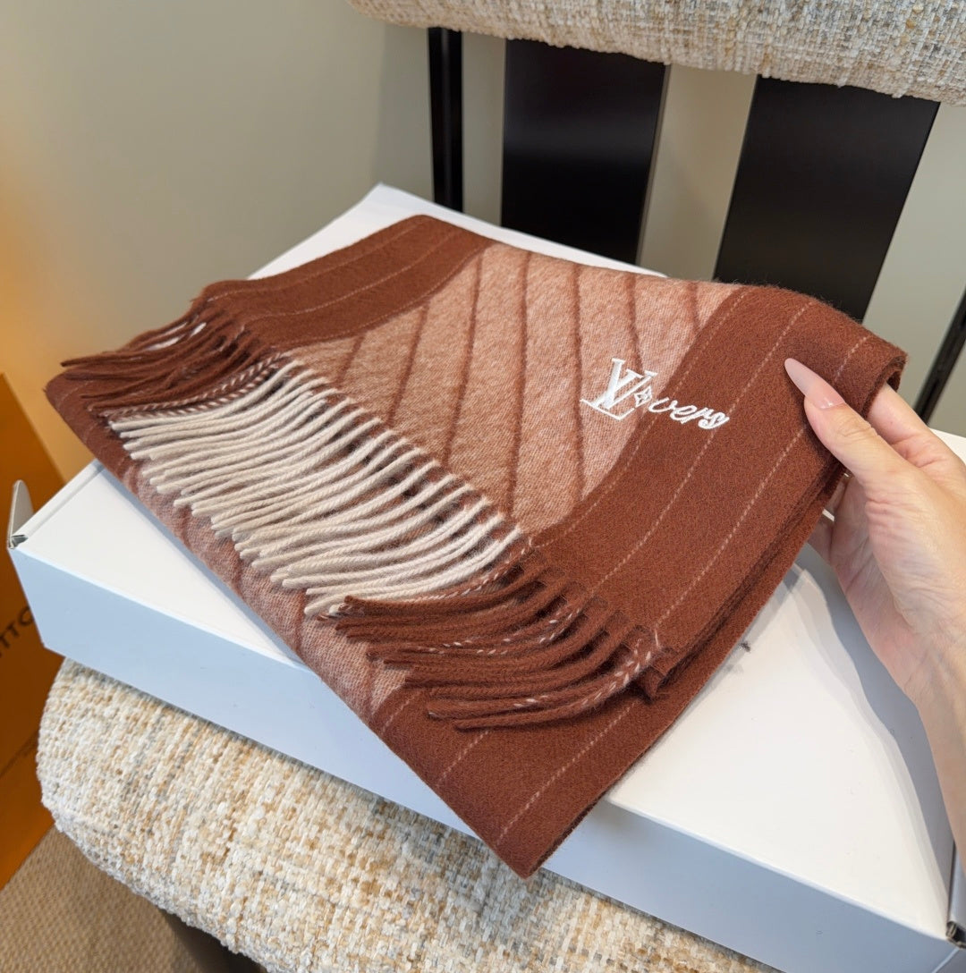 LV Scarf 180cm Brown Beige Wool Cashmere 977015
