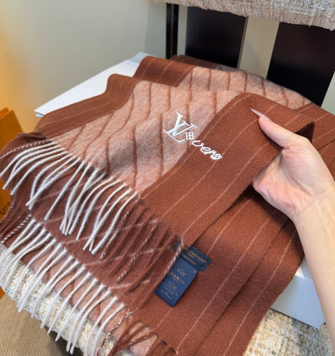 LV Scarf 180cm Brown Beige Wool Cashmere 977015