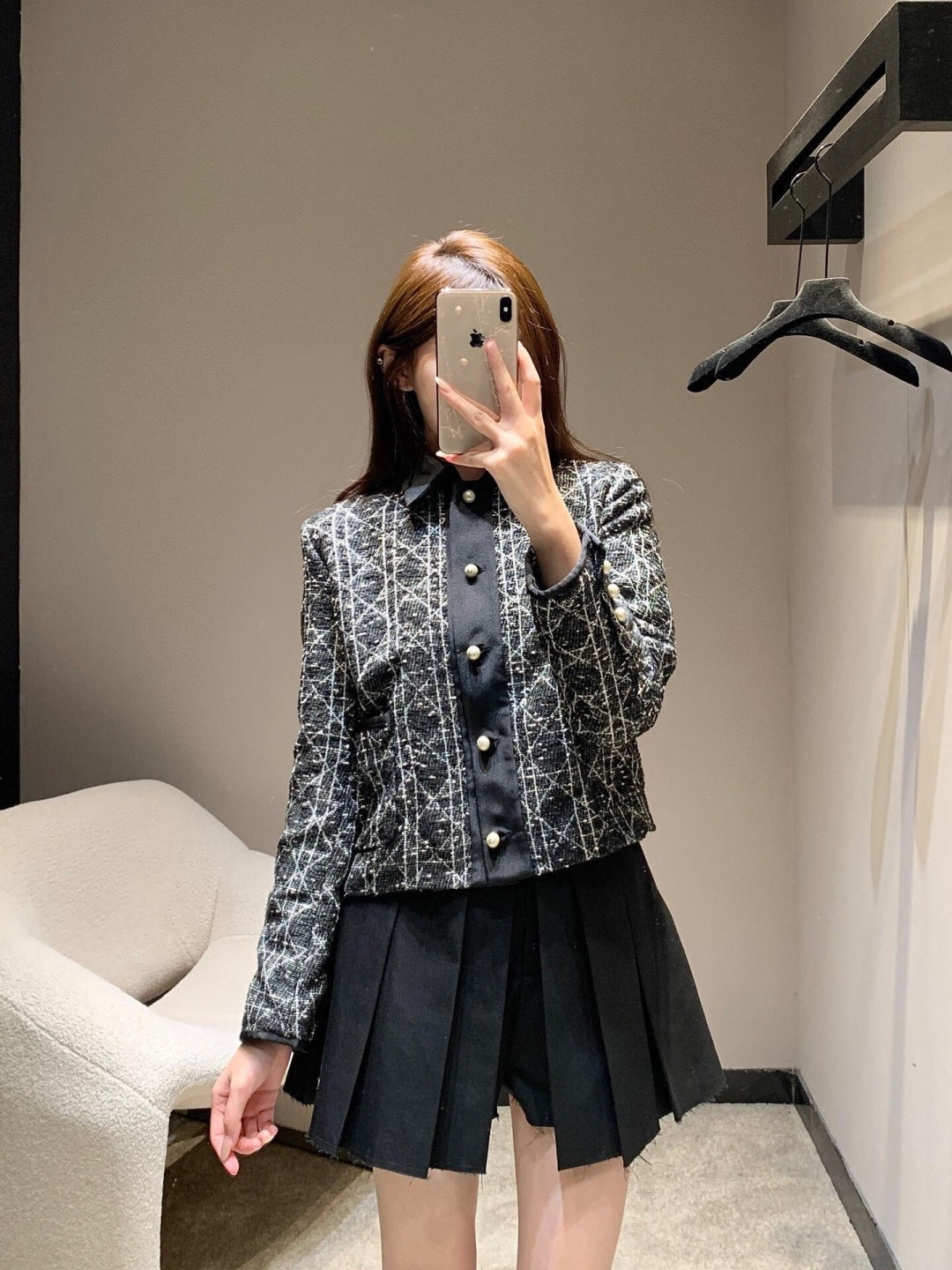 Dior 2025  Cannage Tweed Jacket with Pearl Buttons Black White Cotton