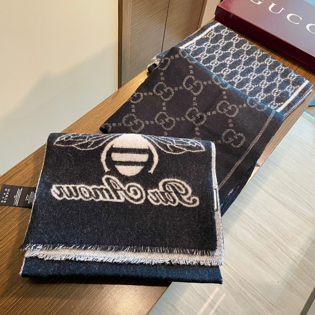 GG Double G Jacquard Scarf 180CM  Black Wool 283097