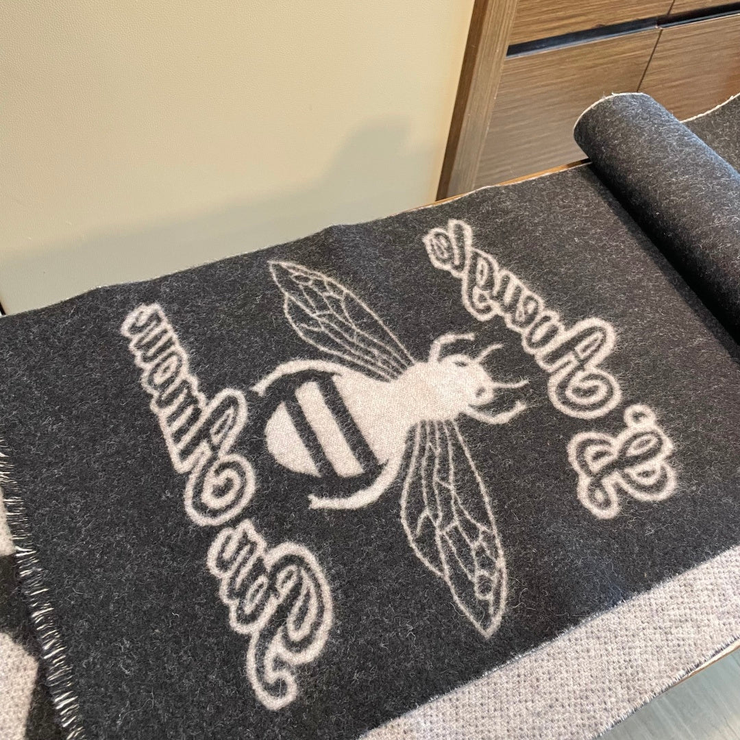 GG Double G Jacquard Scarf 180CM  Black Gray Wool 283098