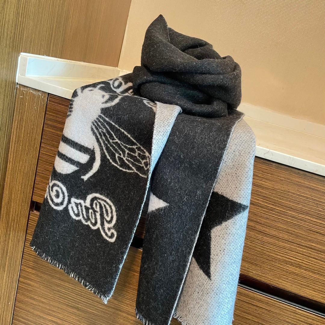GG Double G Jacquard Scarf 180CM  Black Gray Wool 283098