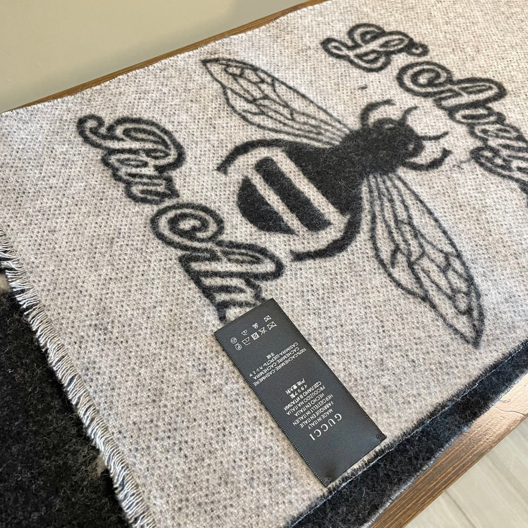 GG Double G Jacquard Scarf 180CM  Black Gray Wool 283098