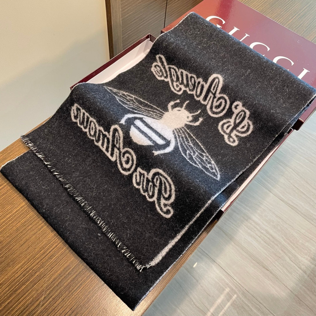 GG Double G Jacquard Scarf 180CM  Black Gray Wool 283098