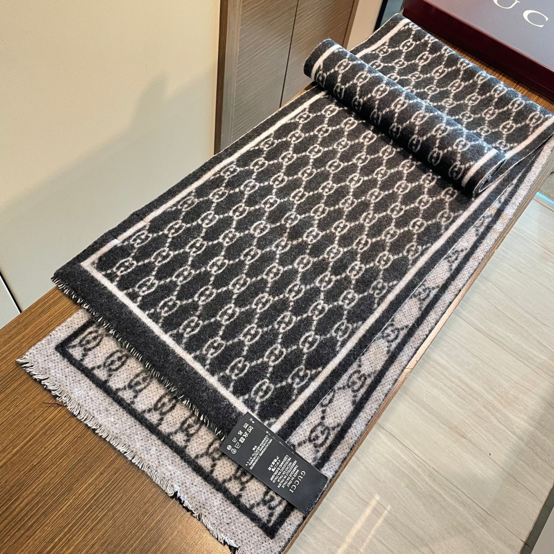 GG Double G Jacquard Scarf 180CM  Black Wool 283099