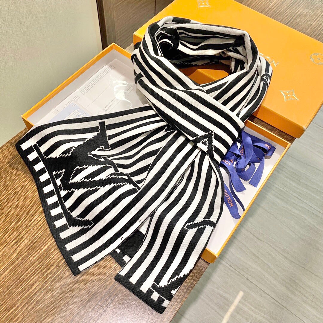 LV Unisex Scarf Scarf 180cm Black White Cashmere 968477