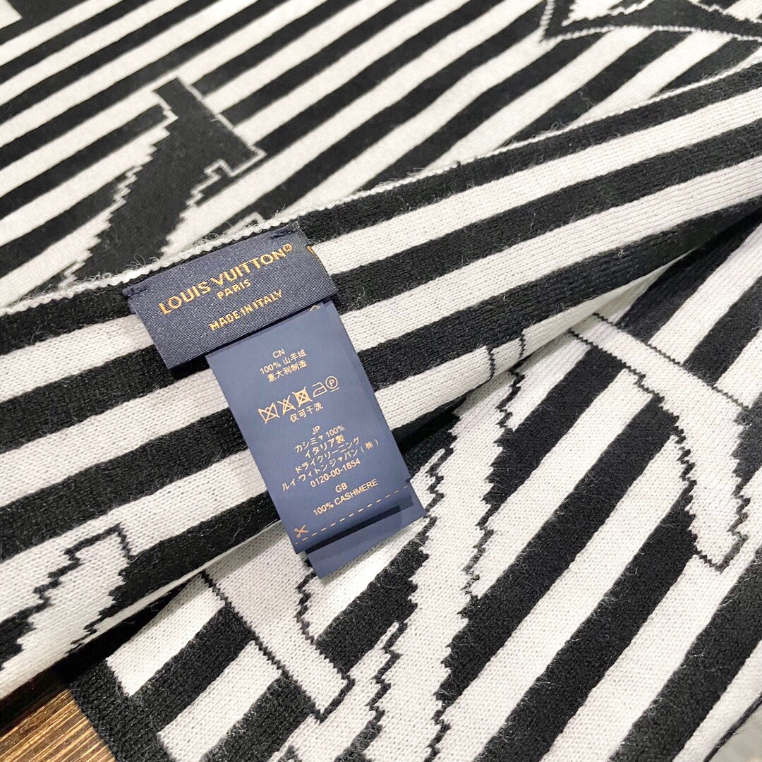 LV Unisex Scarf Scarf 180cm Black White Cashmere 968477