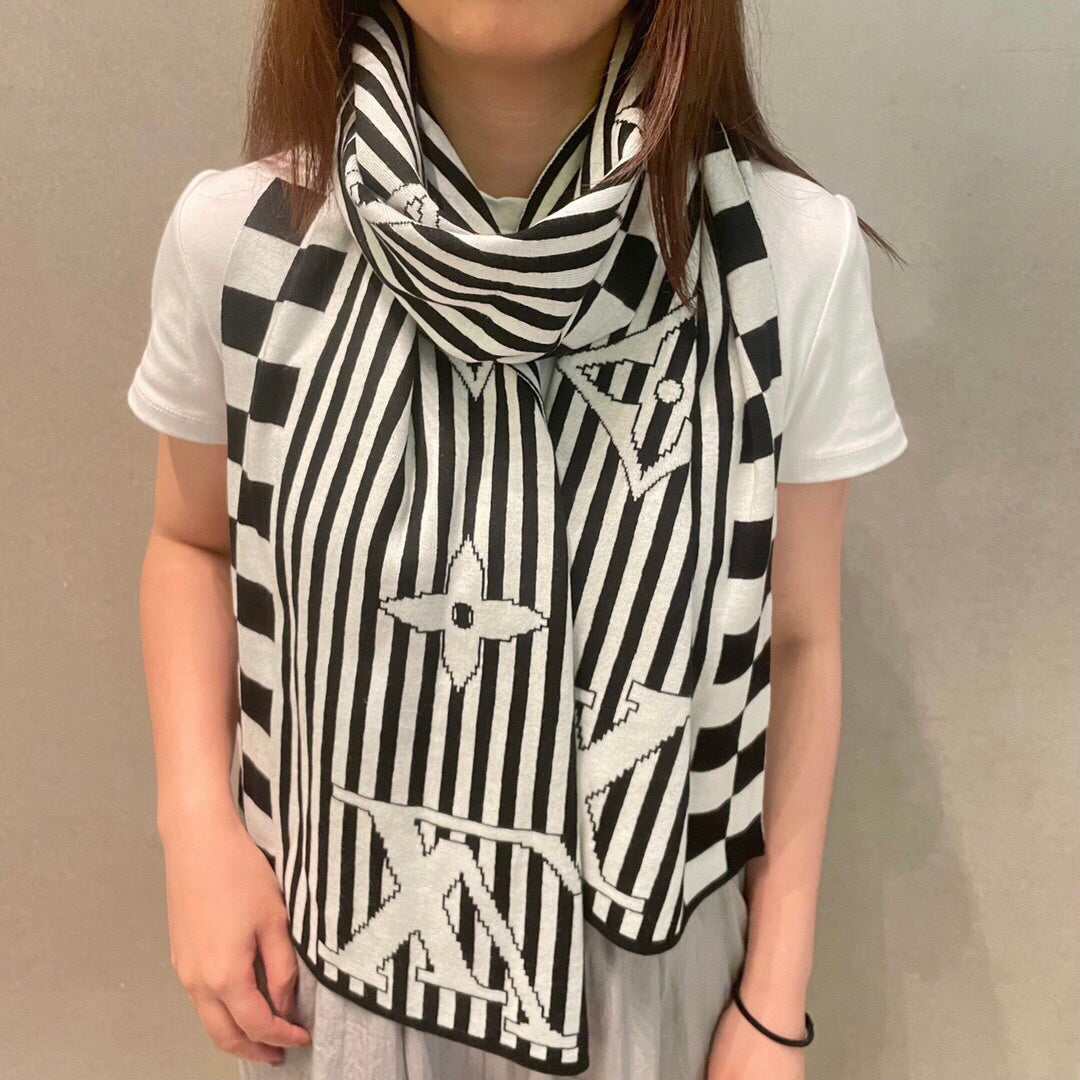LV Unisex Scarf Scarf 180cm Black White Cashmere 968477