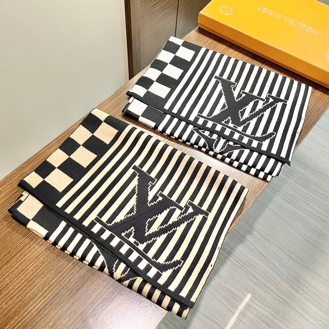 LV Unisex Scarf Scarf 180cm Black White Cashmere 968477